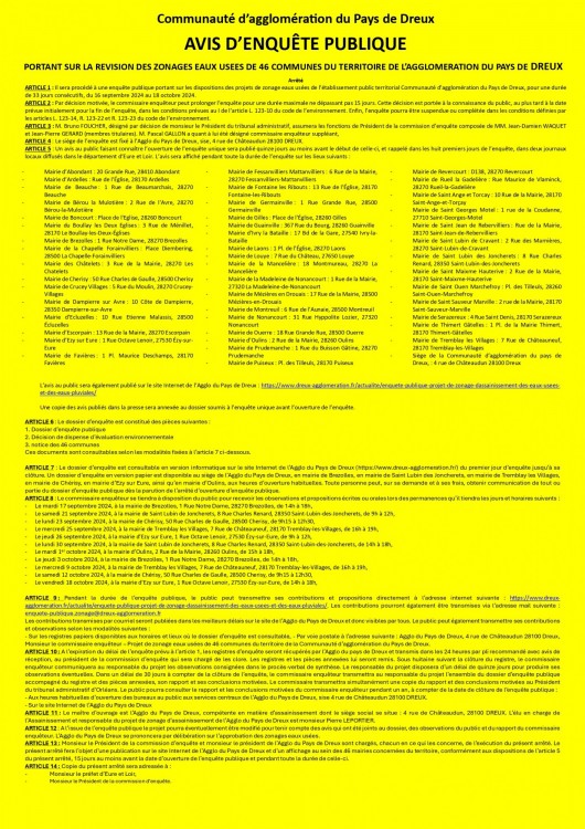 Avis d'enquête publique relative aux zonages eaux usées - du 16/09 et 18/10 prochain.