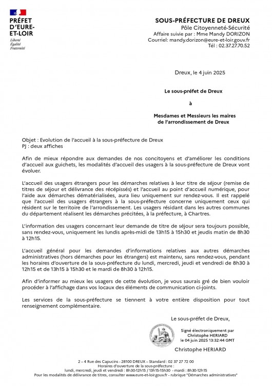 Évolution de l'accueil à la Sous-préfecture de Dreux